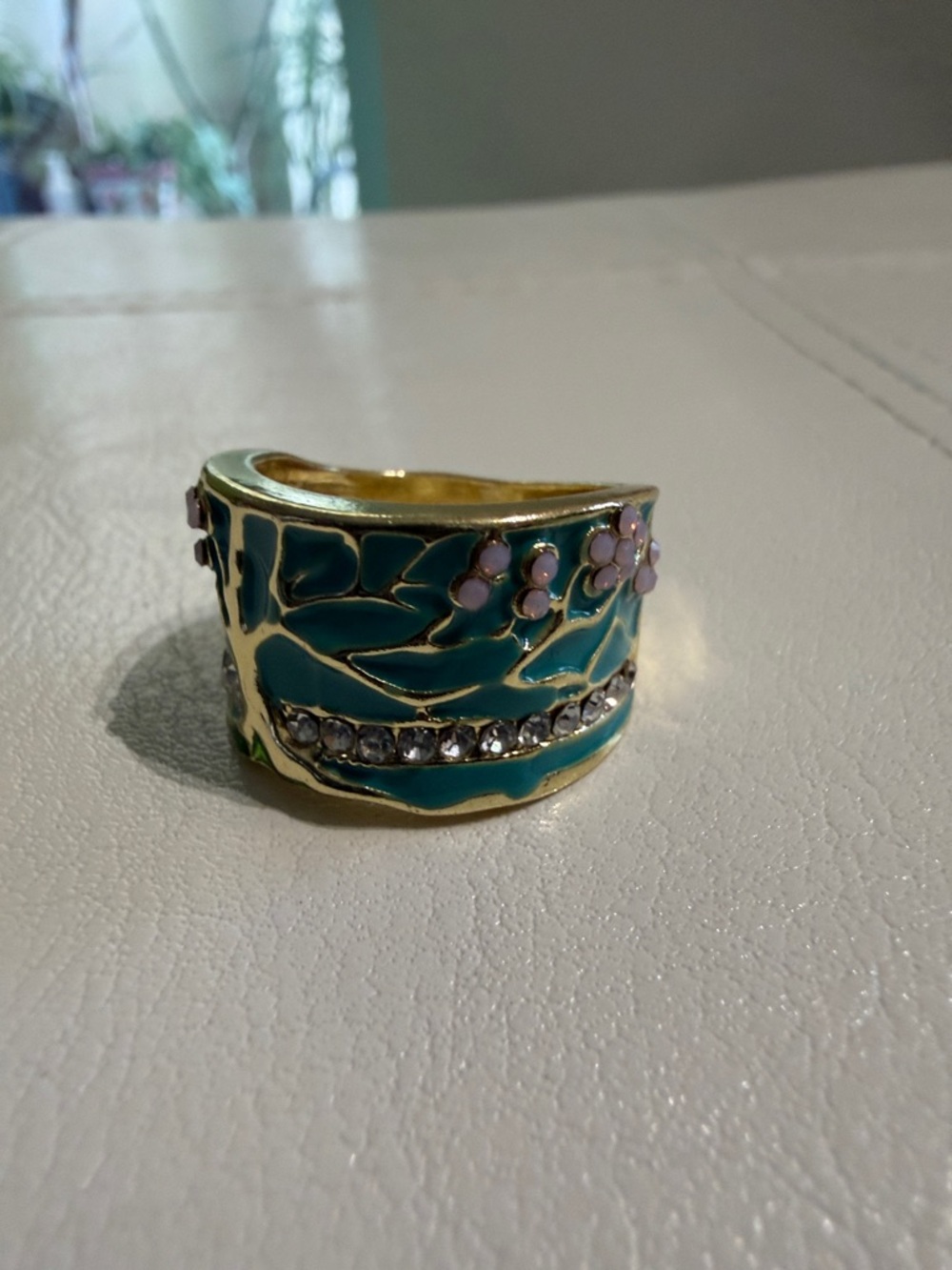 Gold-Tone Teal Floral Enamel Statement Ring with Pink Accents